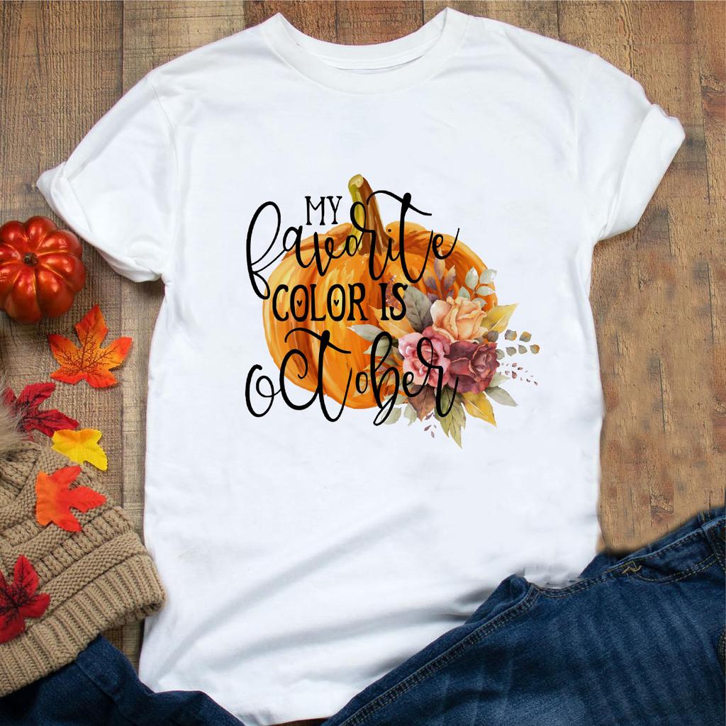 Halloween Be Thankful Pumpkin Print Women White T Shirt Sweet Fall Greatful Blessed Female Short Sleeve