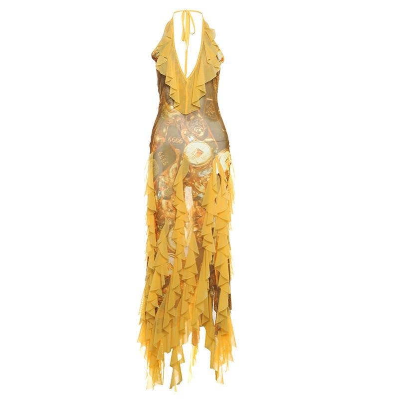 European and American Style Summer New Sexy Ruffle Edge Vacation Style Spice Girl Neck Suspender Skirt Woman