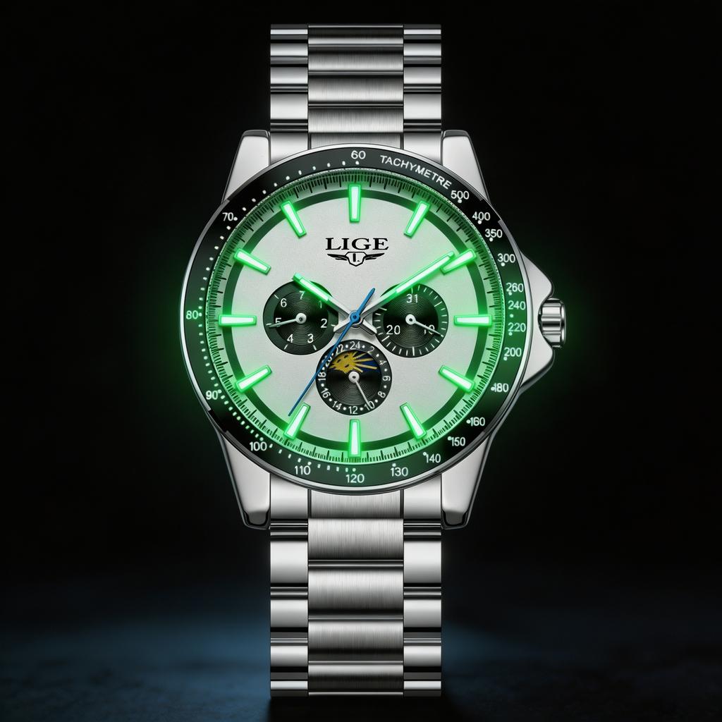 LIGE Business Men Watches Luminous Calendar Watch Mens Top Brand Luxury Moon phase Waterproof Quartz Stainless Man Wristwatches