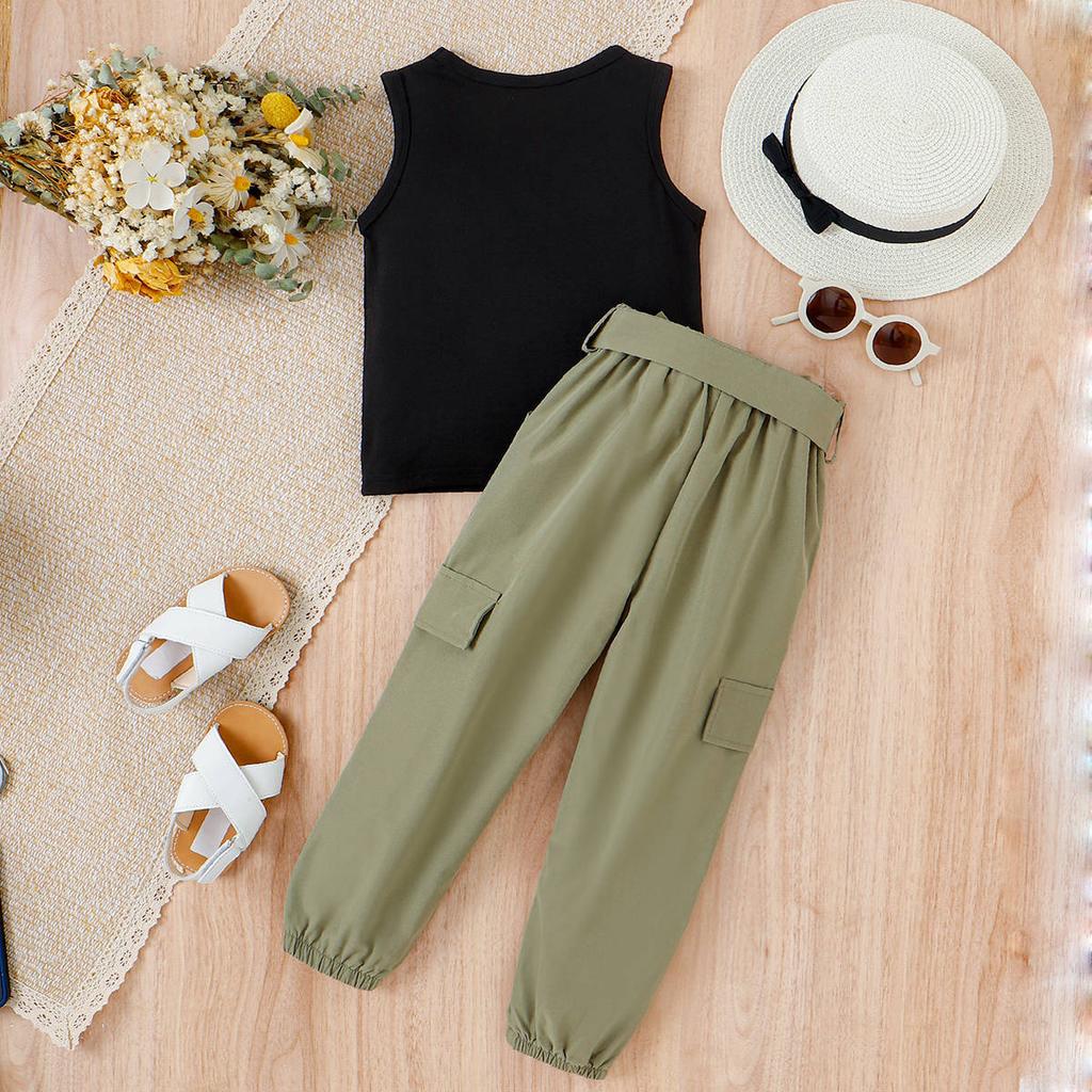 Girls' Sets Spring and Summer Children's Fashion Letter Sleeveless Vest and Trousers