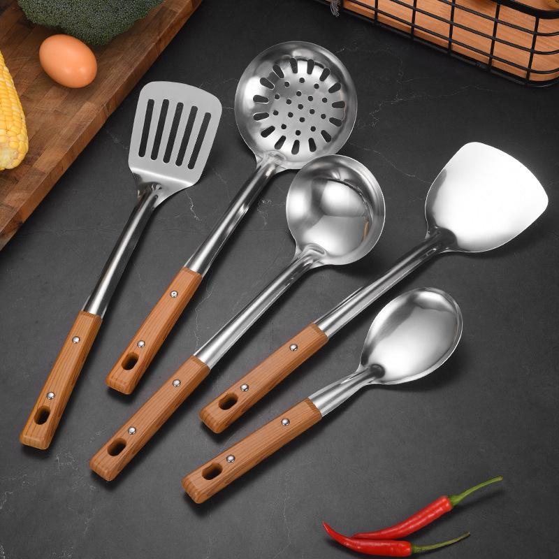 Stainless Steel Kitchen Utensil Set: Slotted Spoon, Soup Spoon, Frying Pan Spatula, Rice Spoon, Stir-fry Spatula.