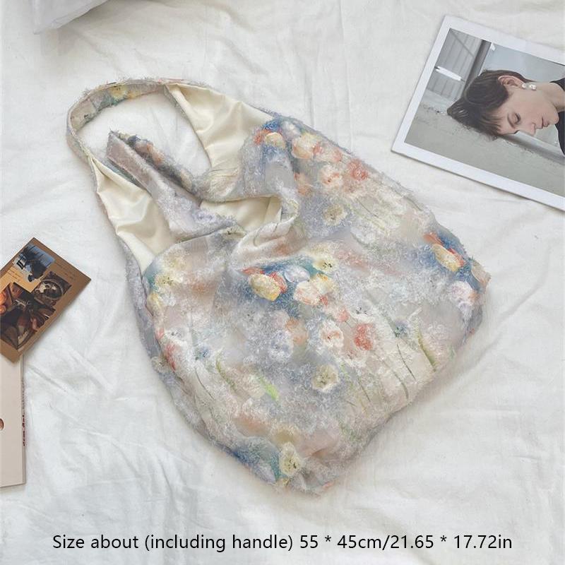 Cute Lace Fairy Flower Handbag Tote Canvas Bag Large Capacity Travel Portable Sundries Storage Bag Girl Sweet Shoulder Bag Gifts