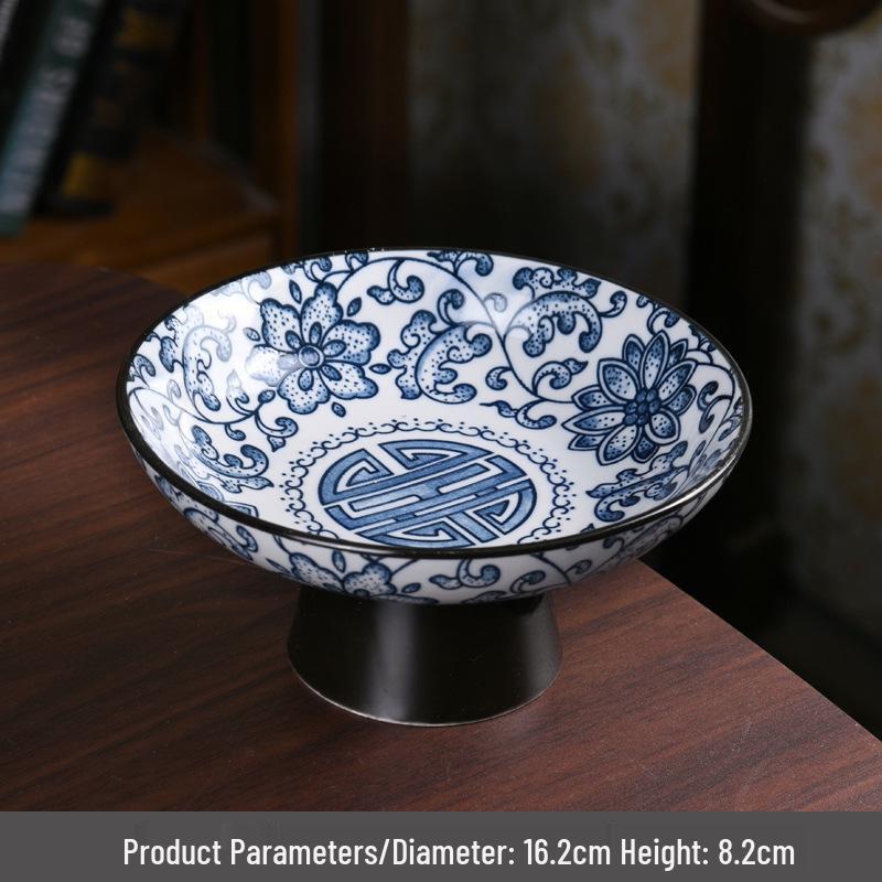 Porcelain Tall-Footed Blue & White Fruit Bowl: Tea Table Plate for Melon Seeds, Pastries, Snacks & Dried Fruits