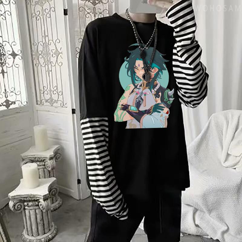 Футболка Genshin Impact Anime Game Xiao Graphic T Shirt Harajuku Japanese Vintage Patchwork Streetwear Летние унисекс полосатые длинные футболки L