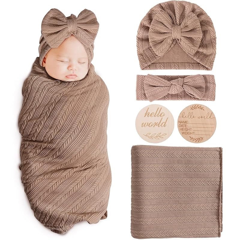 Newborn Receiving Blanket with Bow Hat Mittens Wooden Card Set Wheat-Pattern Newborns Toddler Baby Boy Girl Nursery Swaddle Wrap