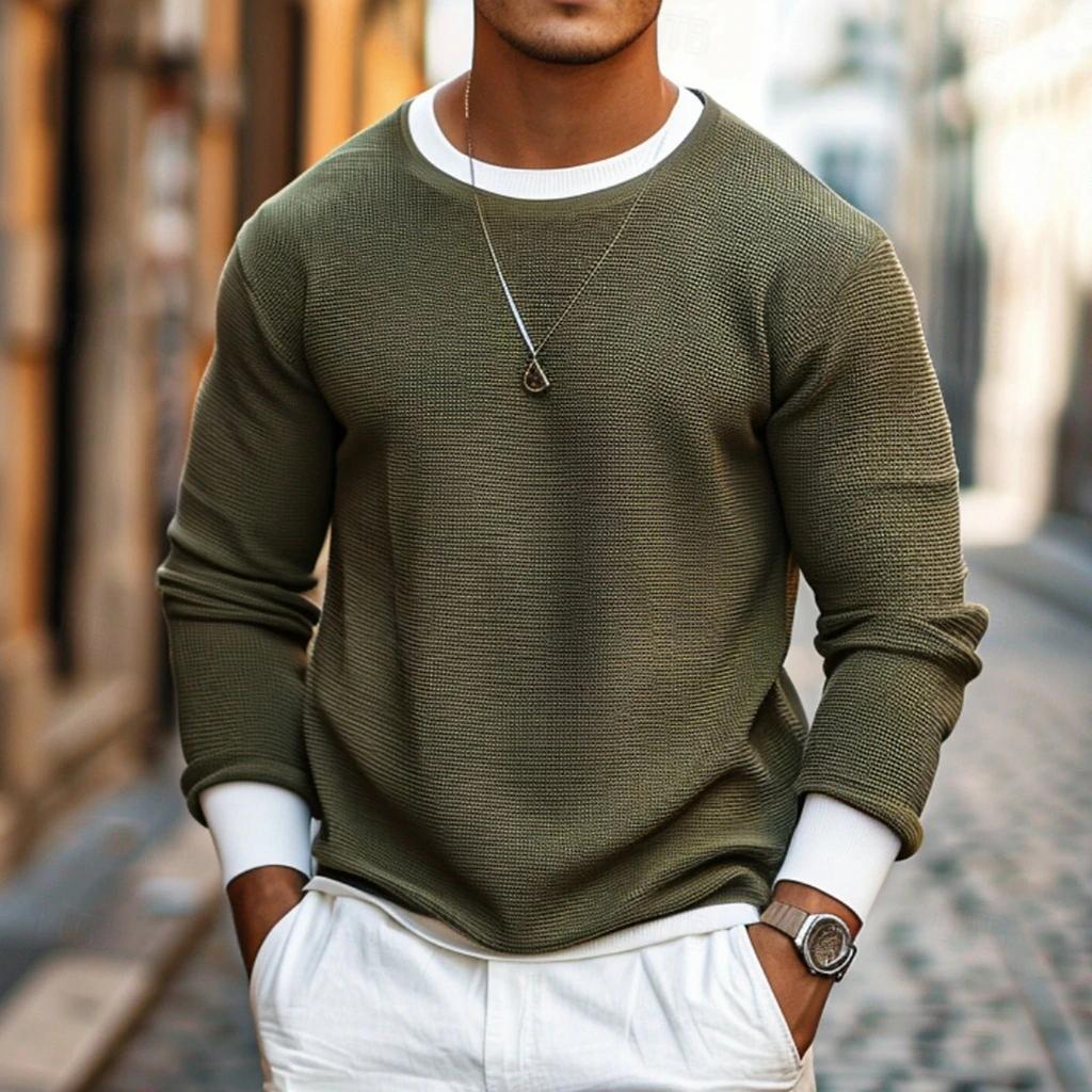 Men's Casual Colorblock Round Neck Pullover Fake Two-piece Long-sleeved Top