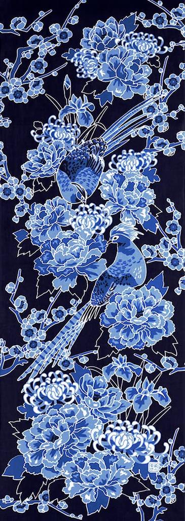 Someno Anbo Tenugui Hand Towel Four Seasons Flowers and Birds Ground Navy Authentic Made In 35cm X 100cm "Sometsuke (Dyeing) Dyed" Blue, Dyed, 100%