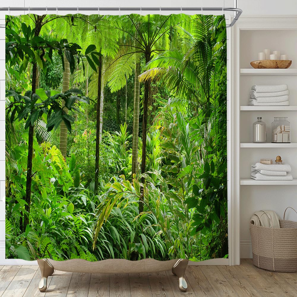 Dschungel Duschvorhang Tropischer Regenwald Palmenblatt Waldbaum Natur Sommer Landschaftliches Badezimmer Dekorationsset mit Haken