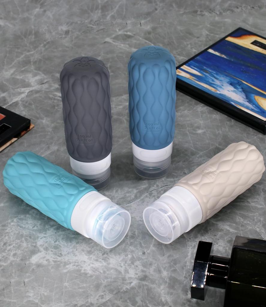 Cabin Crew 4 x 100ml Travel Silicone Shampoo TSA Portable Containers [2025 Recommendation] Bottles, Approved, Leak-Proof, Refillable,