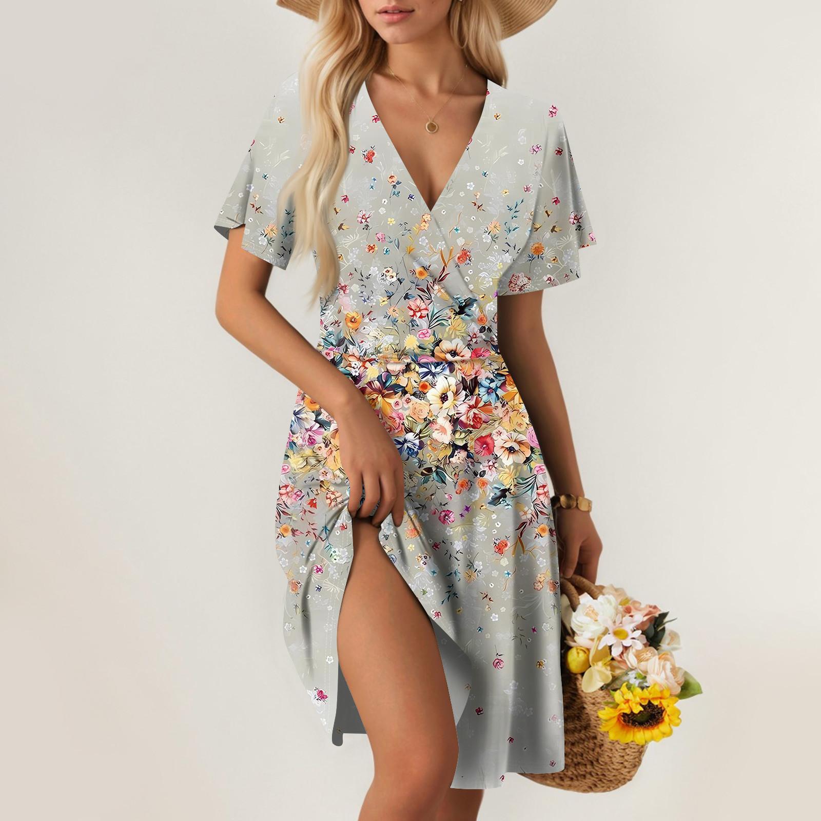 

Женское летнее платье свободного покроя для пляжного отдыха с глубоким V-образным вырезом и коротким рукавом, элегантное платье XXL