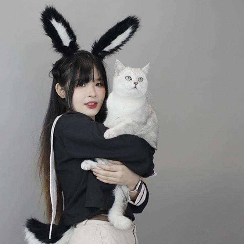Soft Rabbits Tail Lovely Rabbits Ears Headband Plush Animal Tail Decorations Rabbits Ears Headwear for Halloween Party
