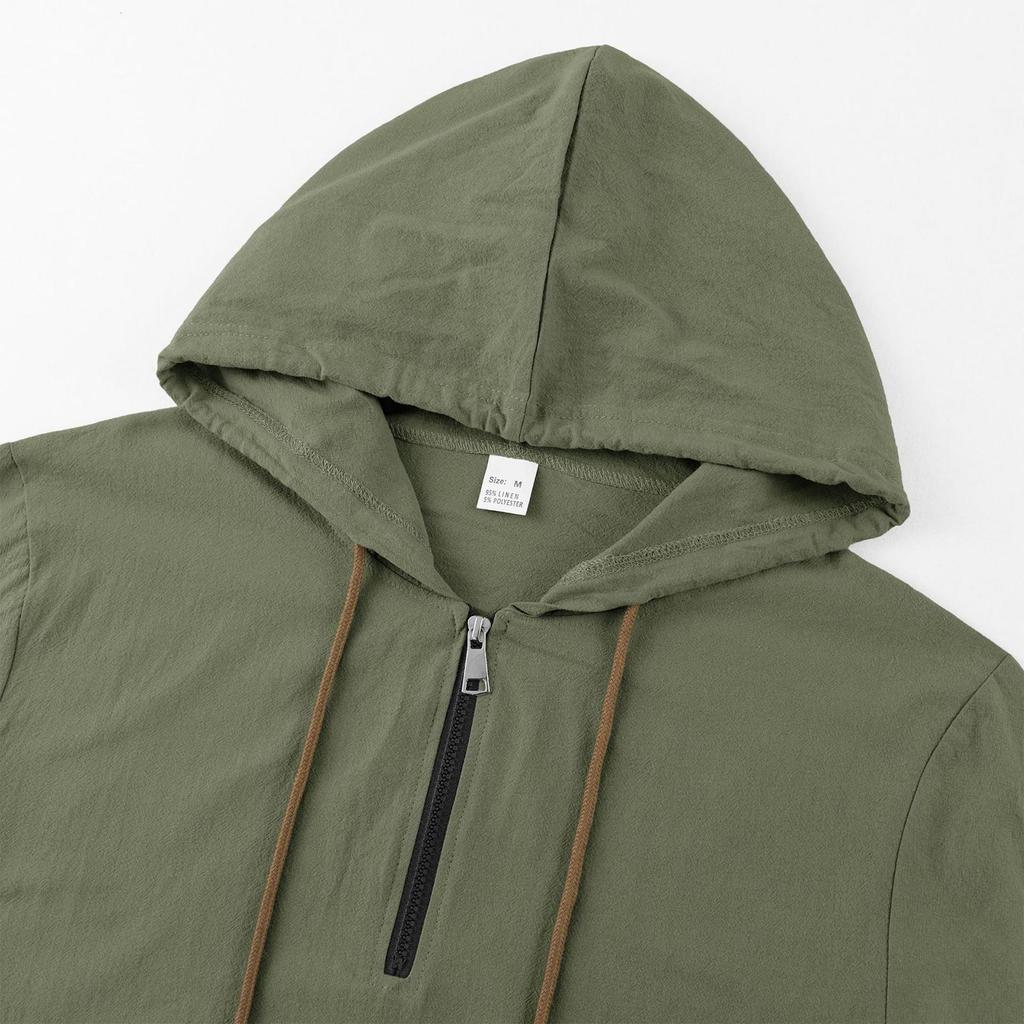 Men's Linen Hoodie Set Half Zip Pullover Long Sleeve Sweatshirt with Drawstring Pants Two Piece Lounge Set