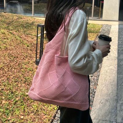 Borsa a Spalla Lavorata a Maglia da Donna Grande Capacità Borsa Tote Casual Monocromatica Traforata Borsa a Spalla per Uscite Quotidiane Shopping Scuola