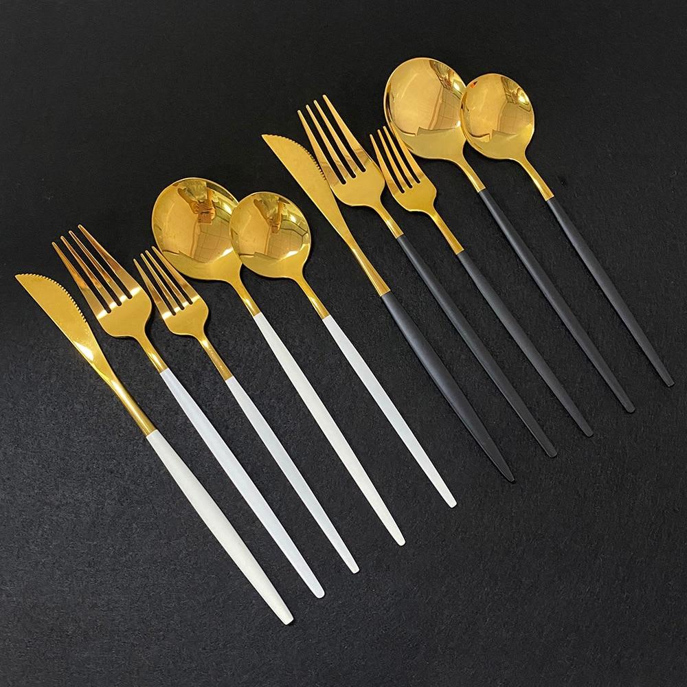 30Pcs White Gold Cutlery Set 18/10 Stainless Steel Dinnerware Set Knife Dessert Fork Spoon Silverware Kitchen Tableware Set