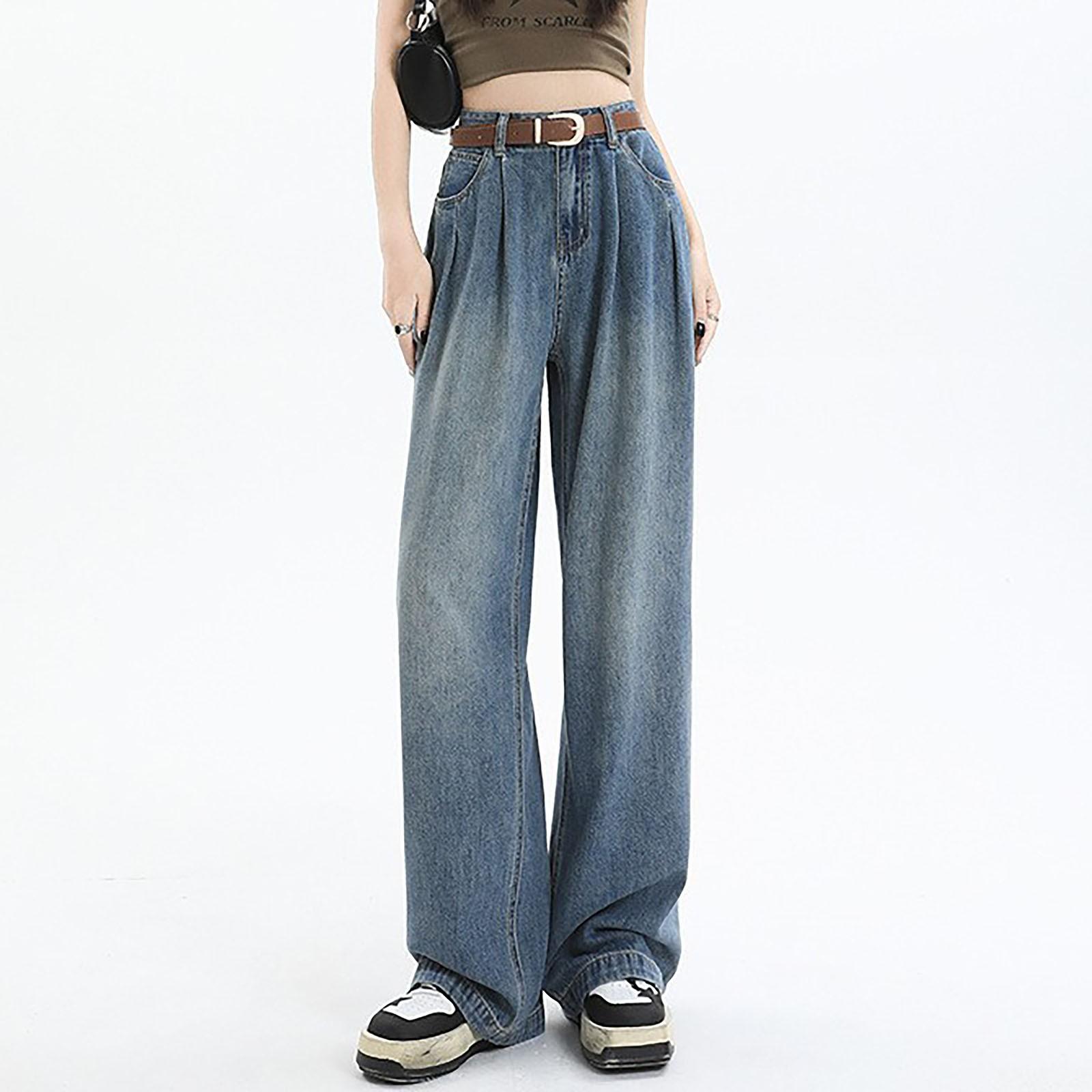 

Женская мода ретро личность потертый старый с высокой талией ретро свободные прямые джинсы L синий