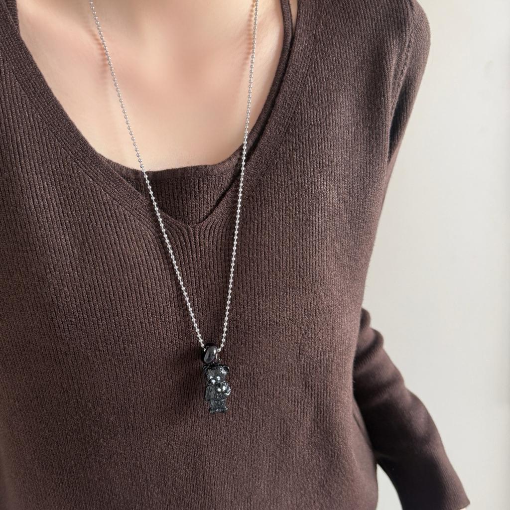 Korean Cute Ins Teddy Bear Titanium Steel Long Necklace, Minimal Versatile Sweater Chain