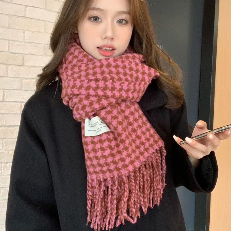 Houndstooth Plaid Tassel Scarf for Girls Winter New Retro Warm Knitted Couple Scarf and Shawl Dual Use