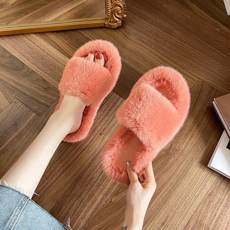 Cotton Mop Autumn and Winter Fluffy Slippers Women's Outer Wear Floor 2025 New Model Small Word Fresh Home Flat Bottom Blue