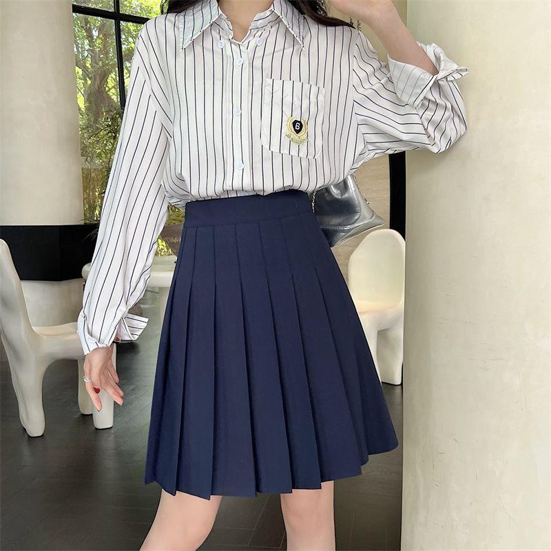 

Navy Blue Pleated Skirt Women s Extended Skirt Dark Blue High Waist Short Skirt Preppy Style Slim Looking Versatile Midi Skirt Navy blue length 50cm S