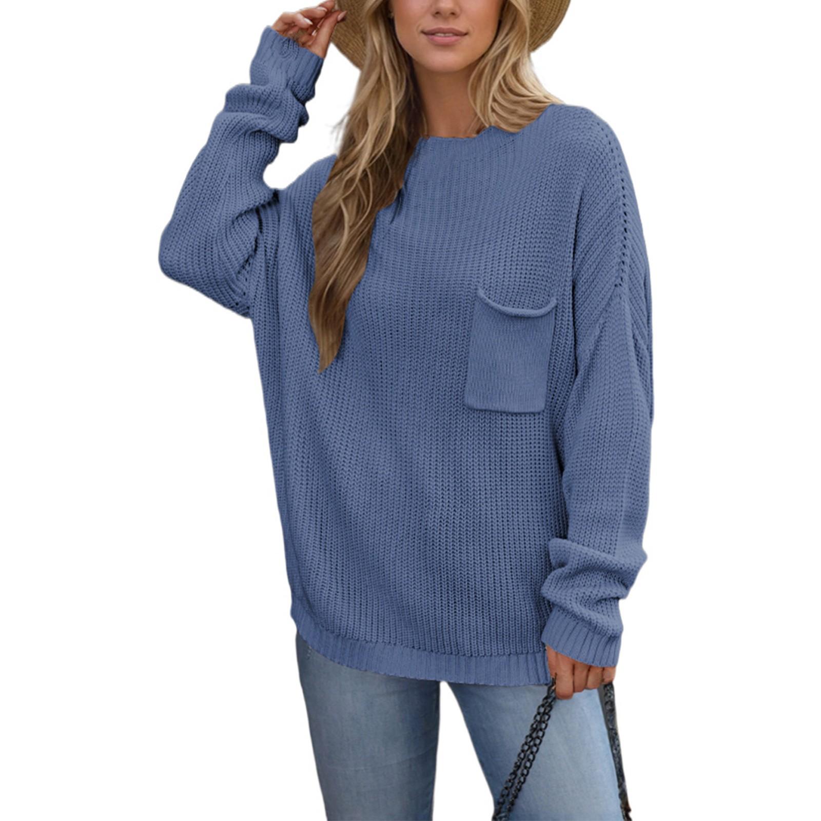 

Женский повседневный модный удобный свитер с круглым вырезом, однотонный, с карманами, длинный рукав, уличный тренд, вязаный свитер S