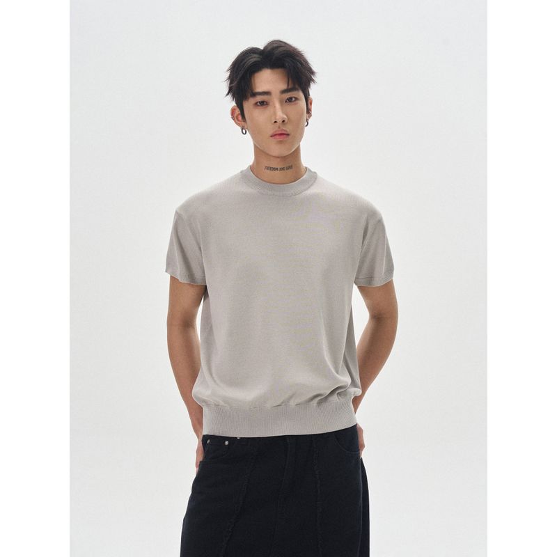 Kisko Simple Basic Round Neck Ice Silk Boxy Knit Short-Sleeve T-Shirt for Men and Women, Summer High-End Loose Fit Trendy Tee