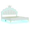 Princess Bed 140x200cm Flat Double Bed Crown-Shaped Soft Upholstery Made of Faux Leather Adjustable LED Ambient Light Strip White