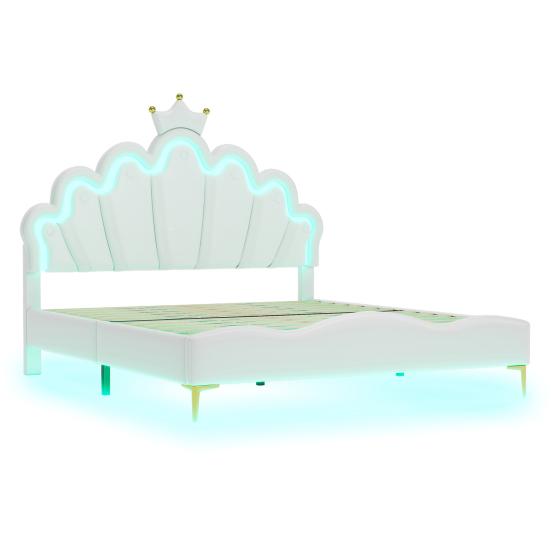 Princess Bed 140x200cm Flat Double Bed Crown-Shaped Soft Upholstery Made of Faux Leather Adjustable LED Ambient Light Strip White