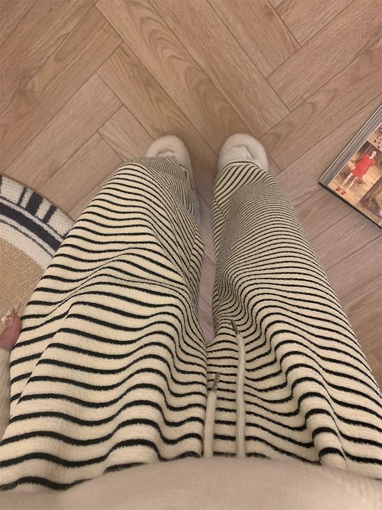 Retro Striped Wide-Leg Floor-Length Pants: 145cm Petite Fit for Women