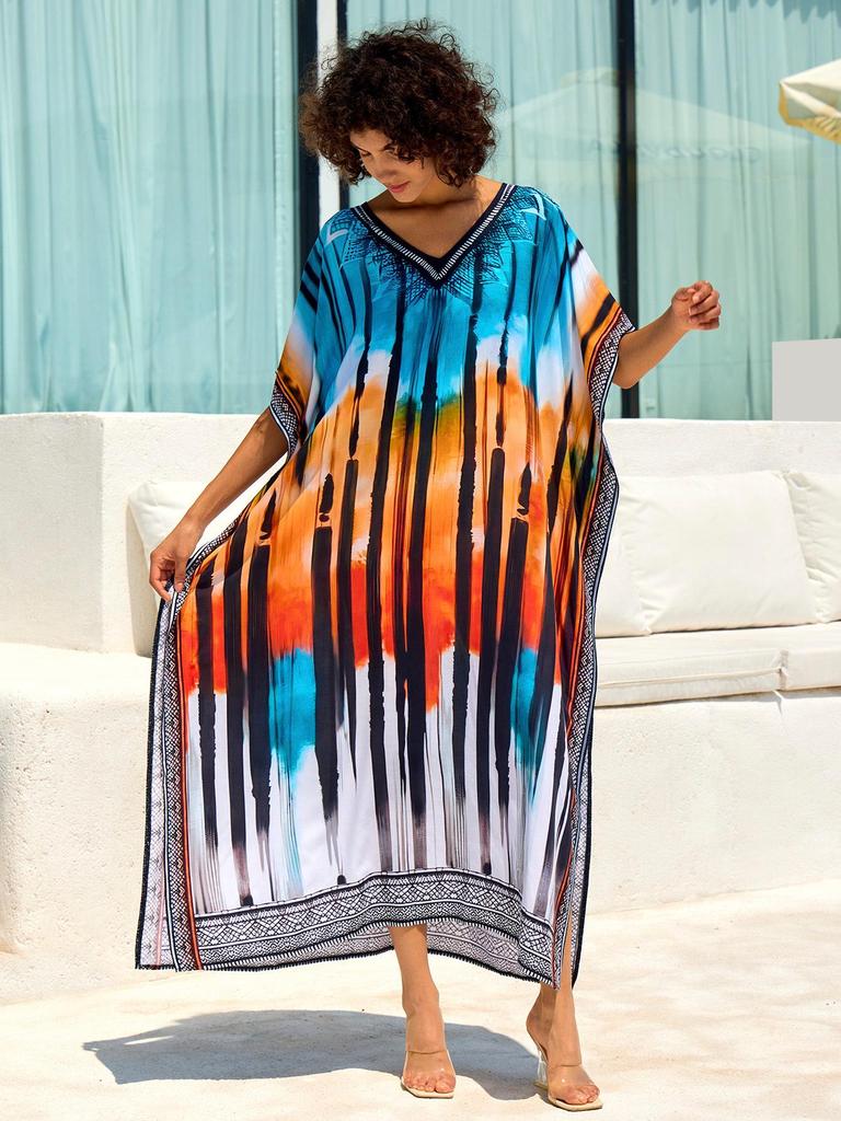European & American Cotton Print Beach Cover-Up Long Dress - Plus Size Swimsuit Sunscreen Robe