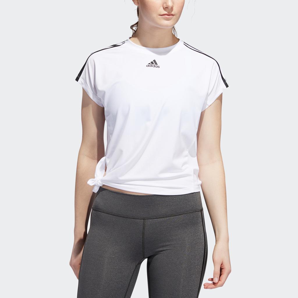 Adidas 3S Tie Tee Training Striped Short Sleeve T-Shirt Women Tops White DX7529