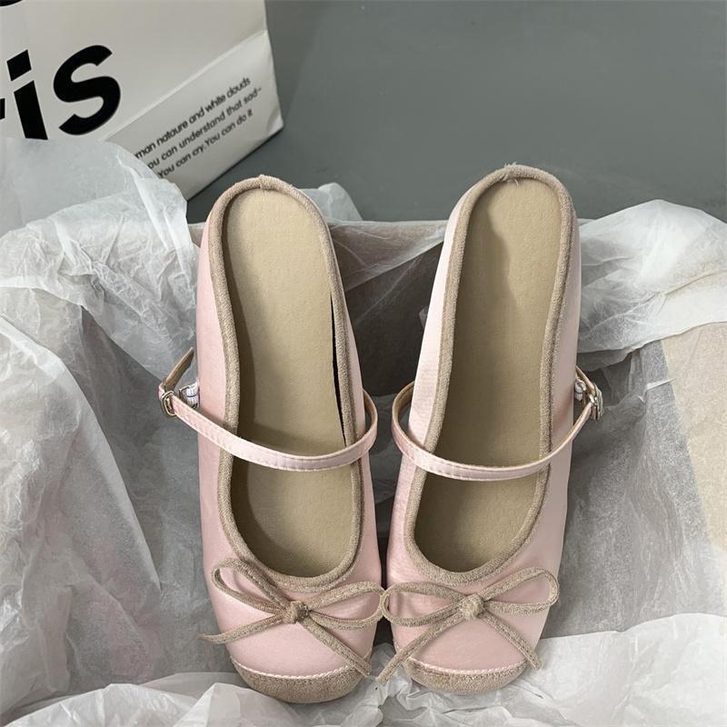 Bow Ballet Style Inner Heightening Bag Head Half Slippers Women's Outer Wear Spring and Summer 2025 New Satin-faced Single Shoes