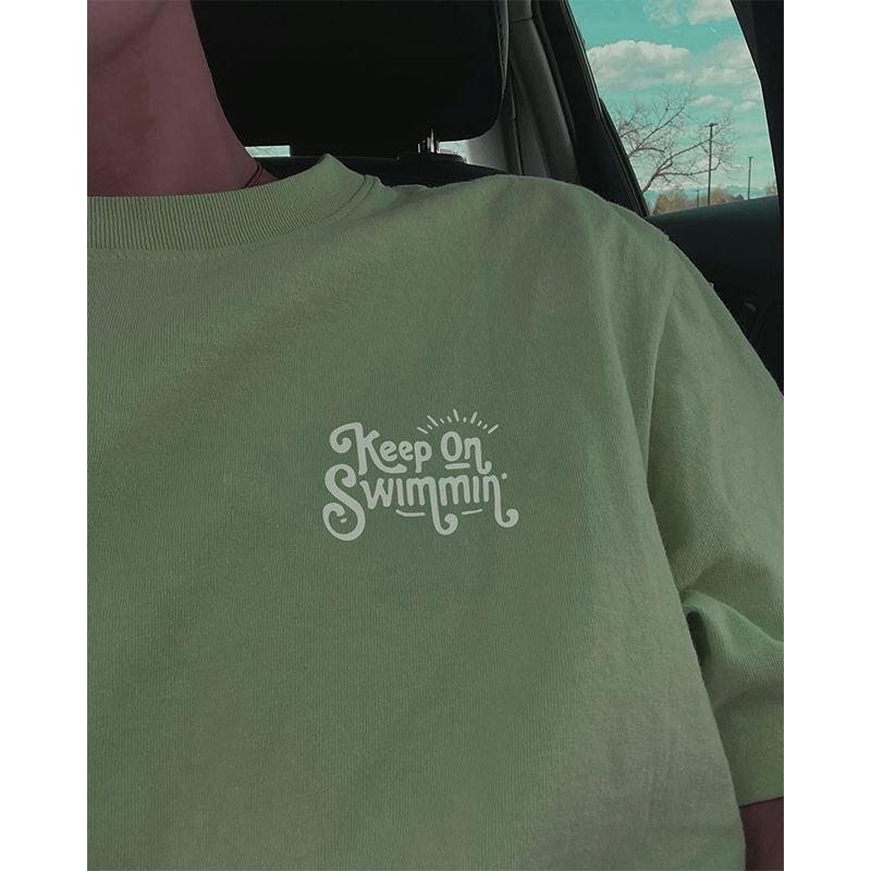 Keep on Swim American vintage Sports Style Niche Letters Print Light Pea Green Pure Cotton Short sleeve T-shirt Women