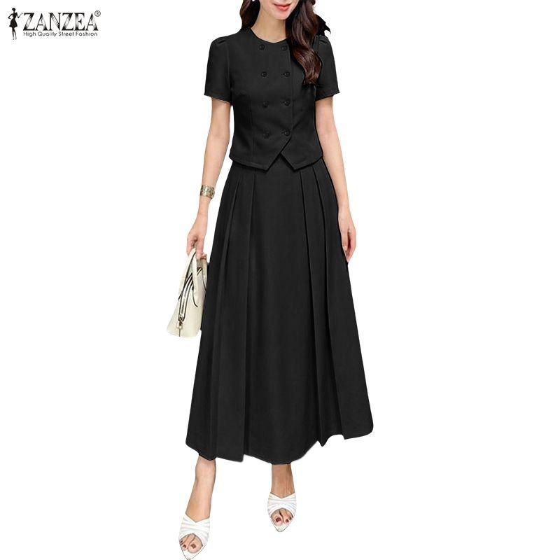ZANZEA Blusa a Maniche Corte da Donna e Gonne Lunghe Casual Set Completi Due Pezzi