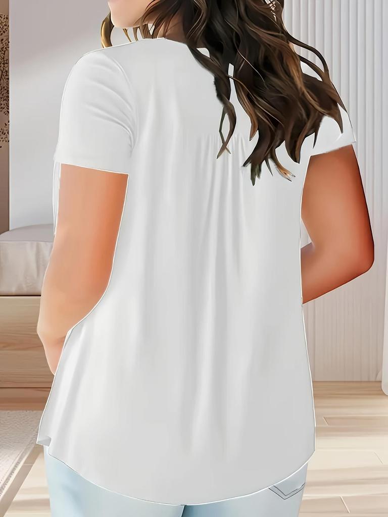 Plus Size Casual Summer T-shirt with Faux Wood Buttons - European and American Loose Fit Women's Top