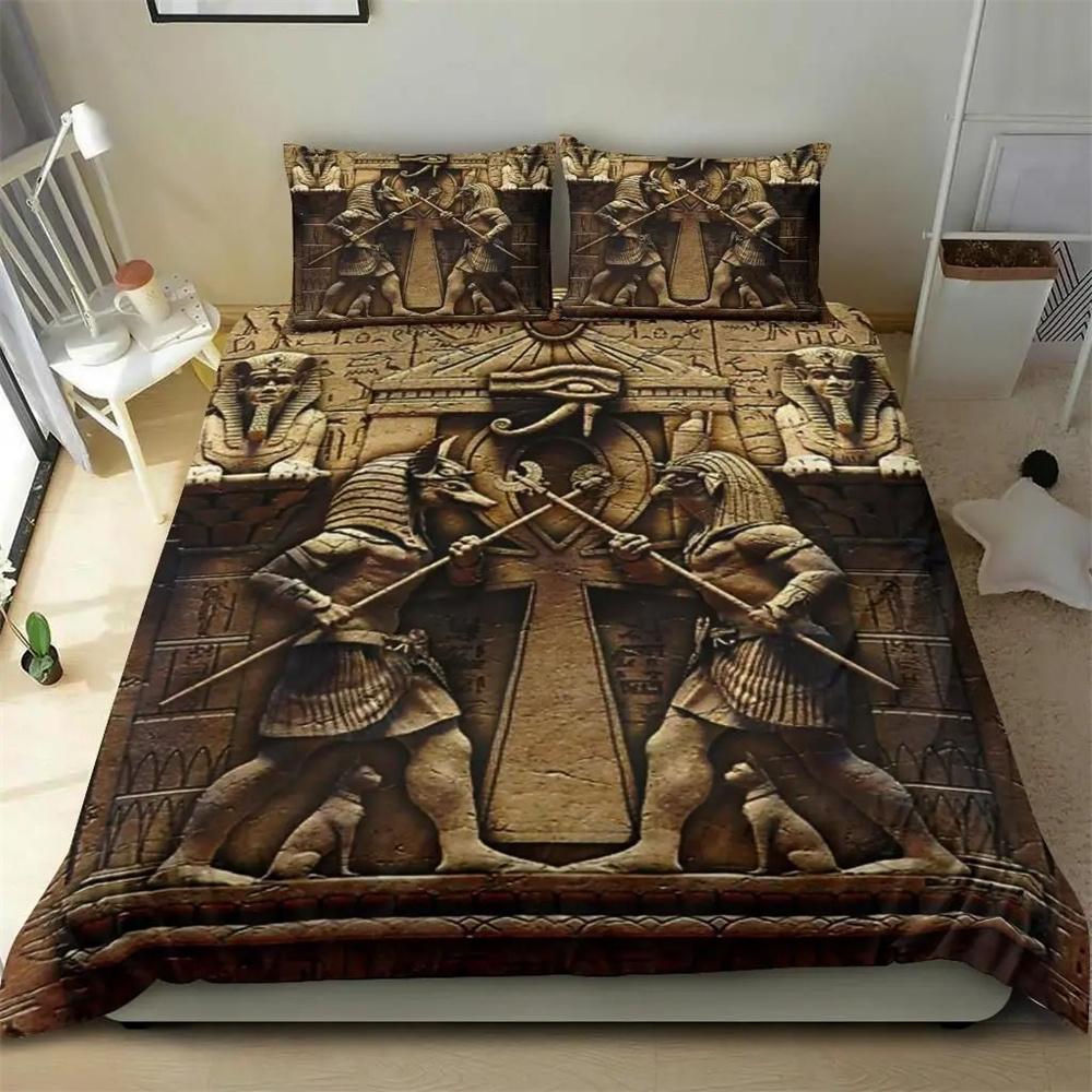 Ancient Egypt Anubis Duvet Cover Set Egyptian Symbol Culture Bedding Sets Vintage Pharaoh Pyramid Boho Tribal Quilt Cover Queen
