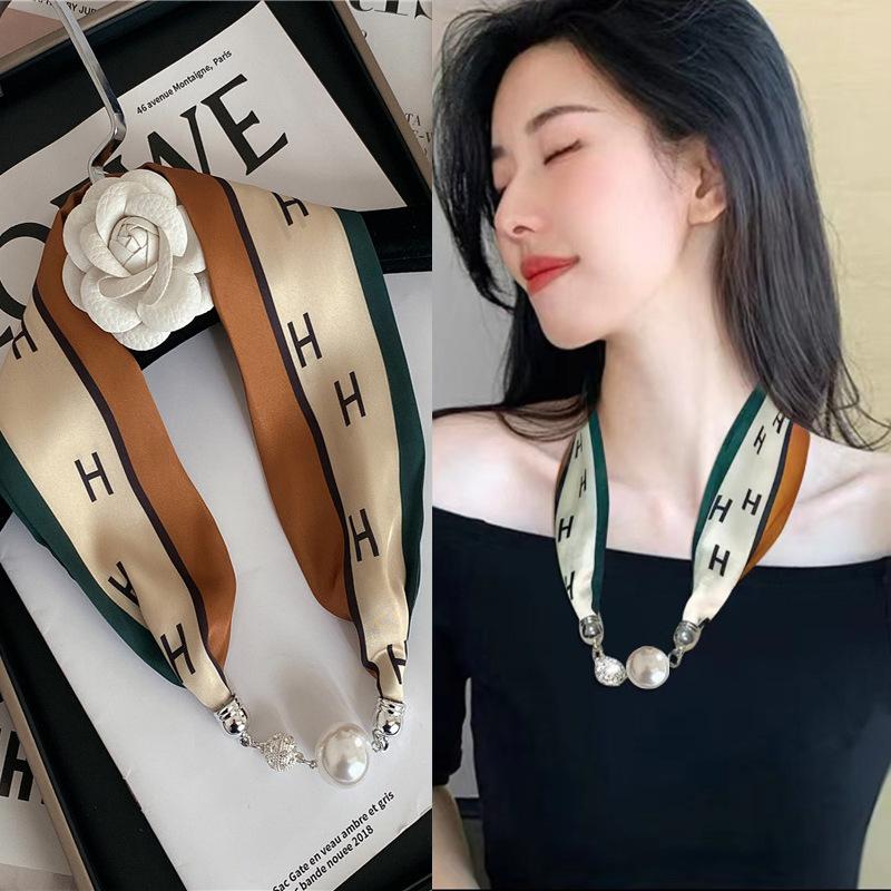 Luxury Design Magnetic Button Summer Silk Scarf Women Magnetic Pearl Necklace Scarves High End Matching Shirt Scarf Lady