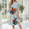 Women Halloween Printed Casual Crew Neck Three Quarter Sleeve Mid Length Dress with Pattern for Holiday Party