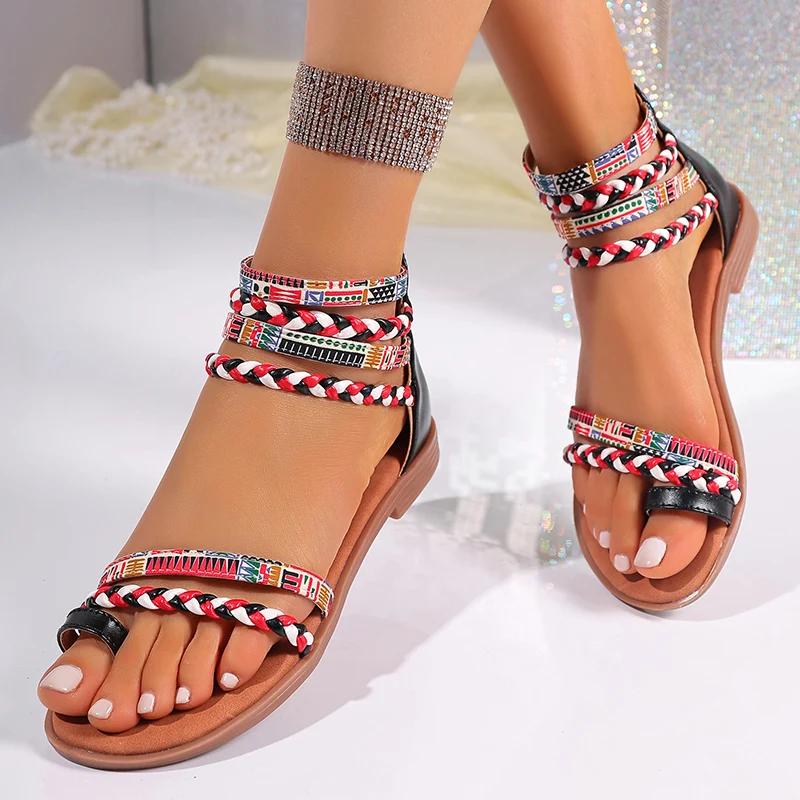 Fashion Braided Ankle Strap Roman Sandals for Women Summer 2025 Bohemian Printed Flat Sandals Woman Plus Size Casual Outdoor Beach Shoes