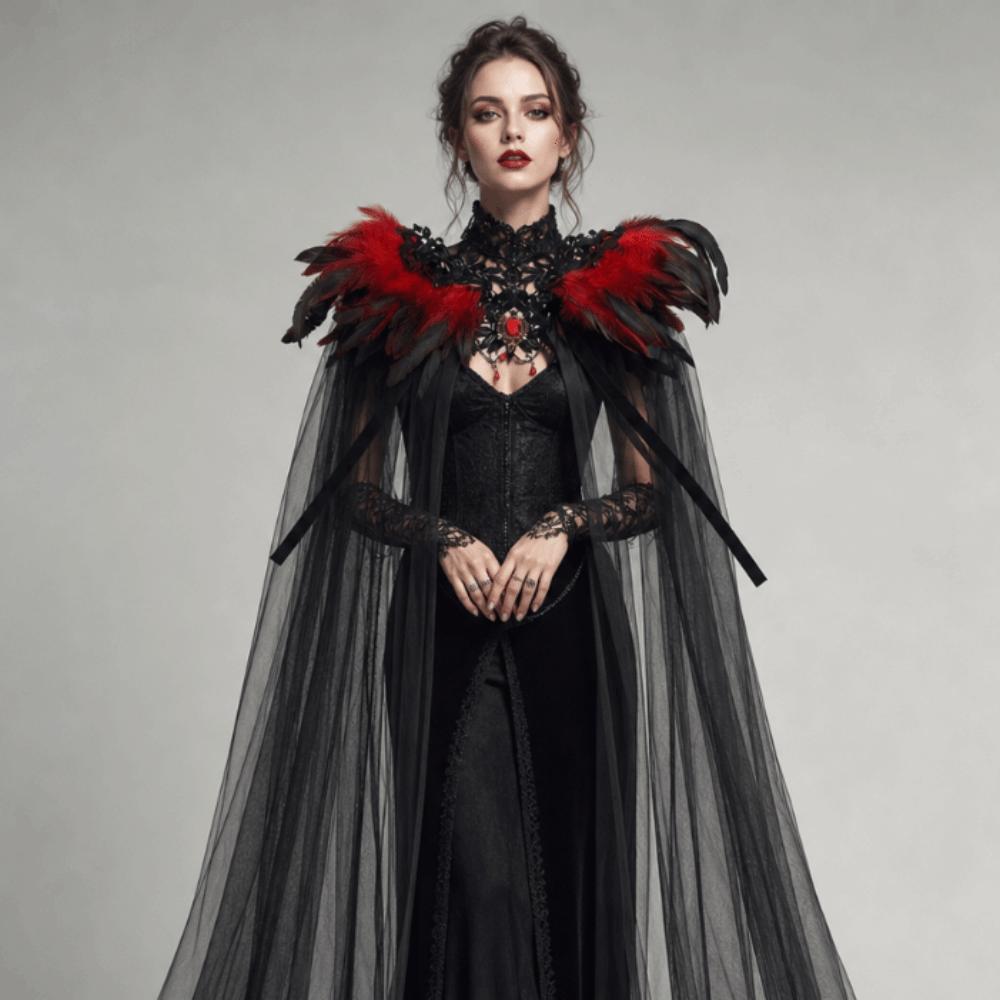 Black Halloween Feather Cloak Elegant Festival Costume Cape Hollow Lace Mesh Cape  Dance Cloaks