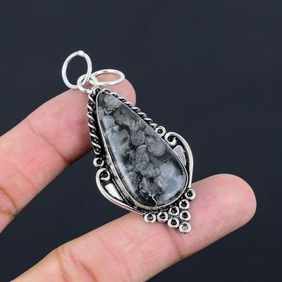 Pear Black Fossil Coral Stone Sterling Silver Bezel Mother Handcrafted Pendant