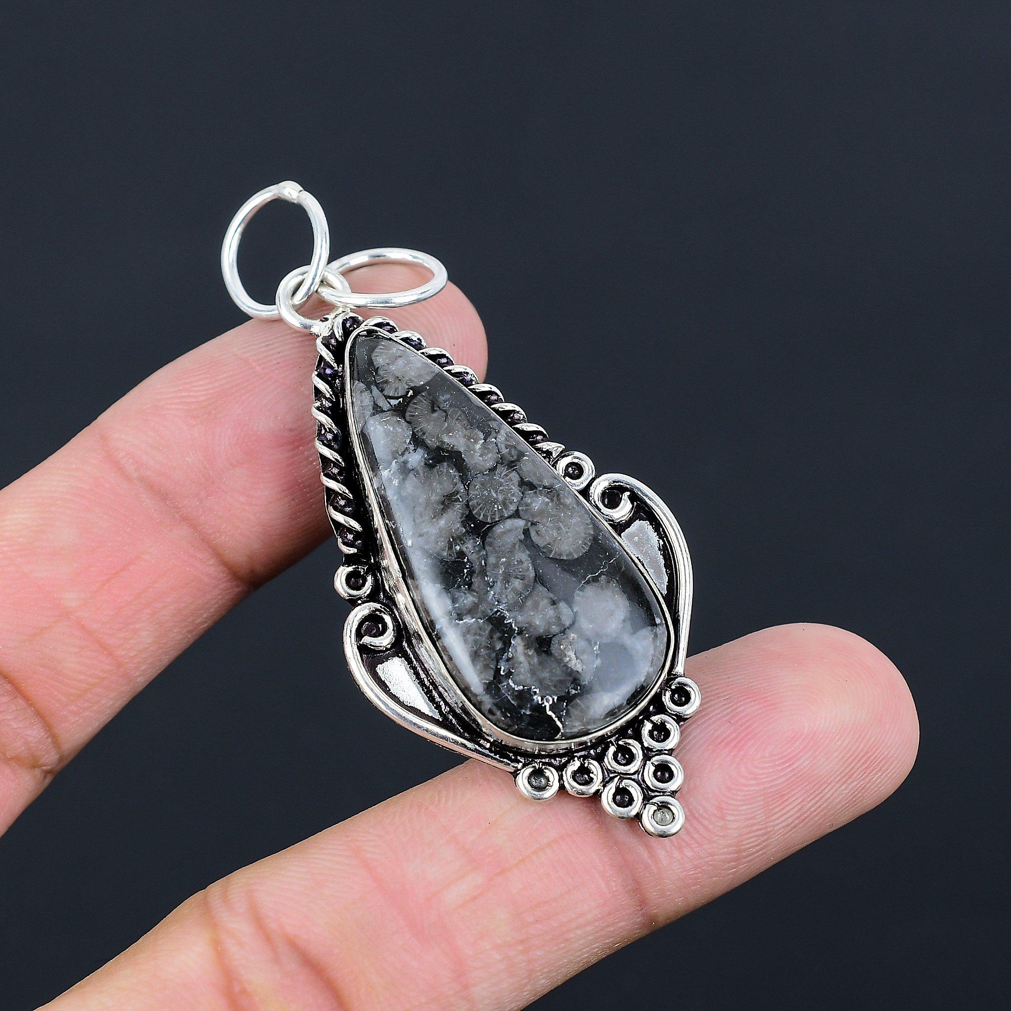 Pear Black Fossil Coral Stone Sterling Silver Bezel Mother Handcrafted Pendant