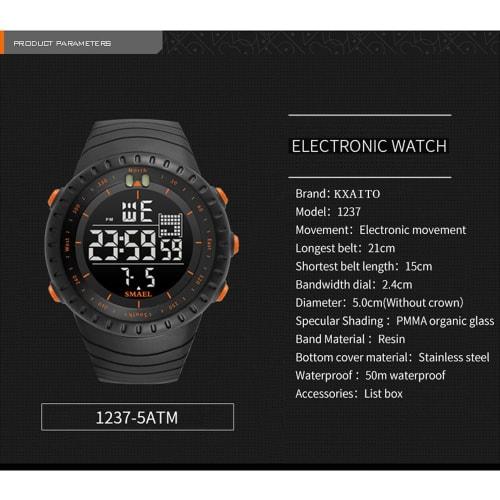 KXAITO Men's Waterproof Military Watch with Date Display, Tactical LED Display, Alarm, and Stopwatch, Orange Button, Size 6256, Large