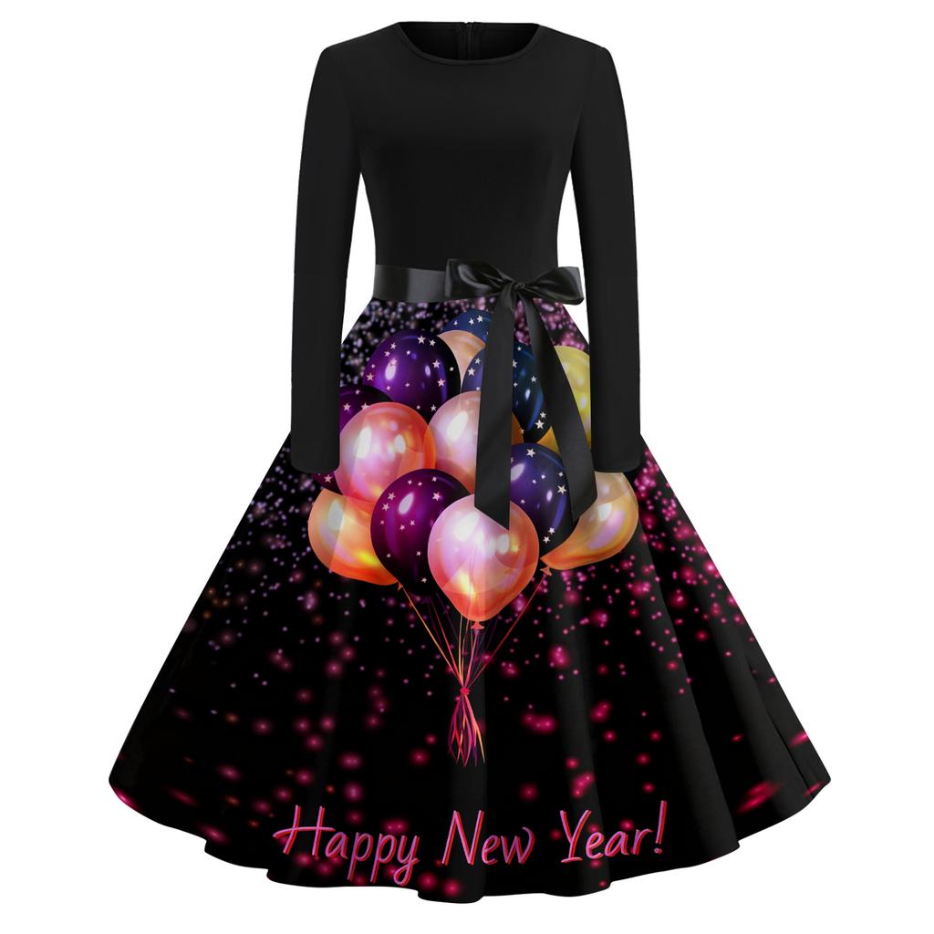 Women's Casual Fashion Round Neck Long Sleeve New Year Printed Retro Dress