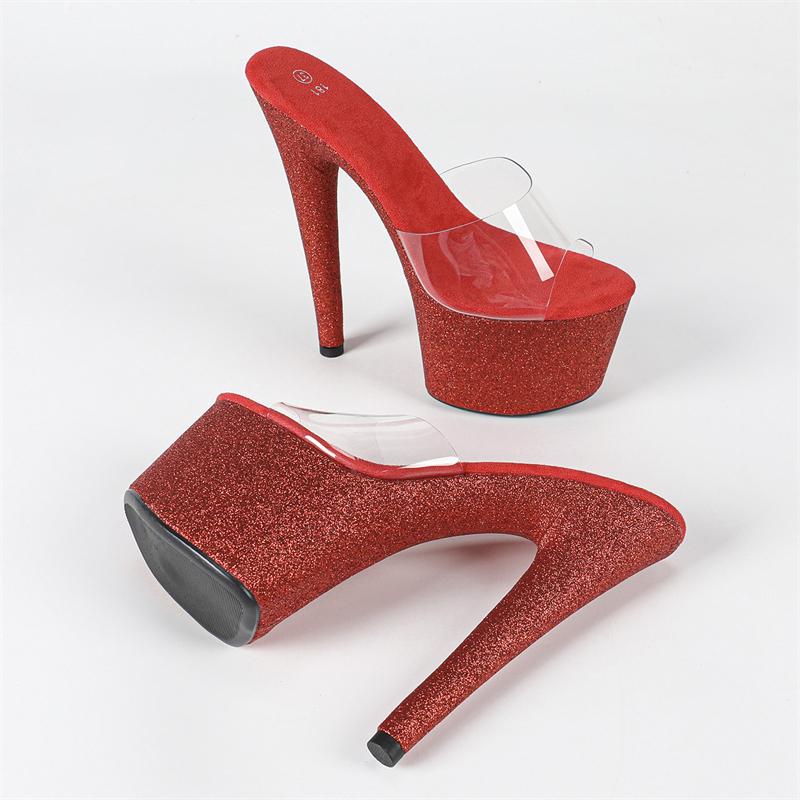 Eilyken Street Style Sequin Cloth PVC Transparent Open Toe Women Slippers Stiletto Heels Nightclub Fashion Stripper Mules Shoes