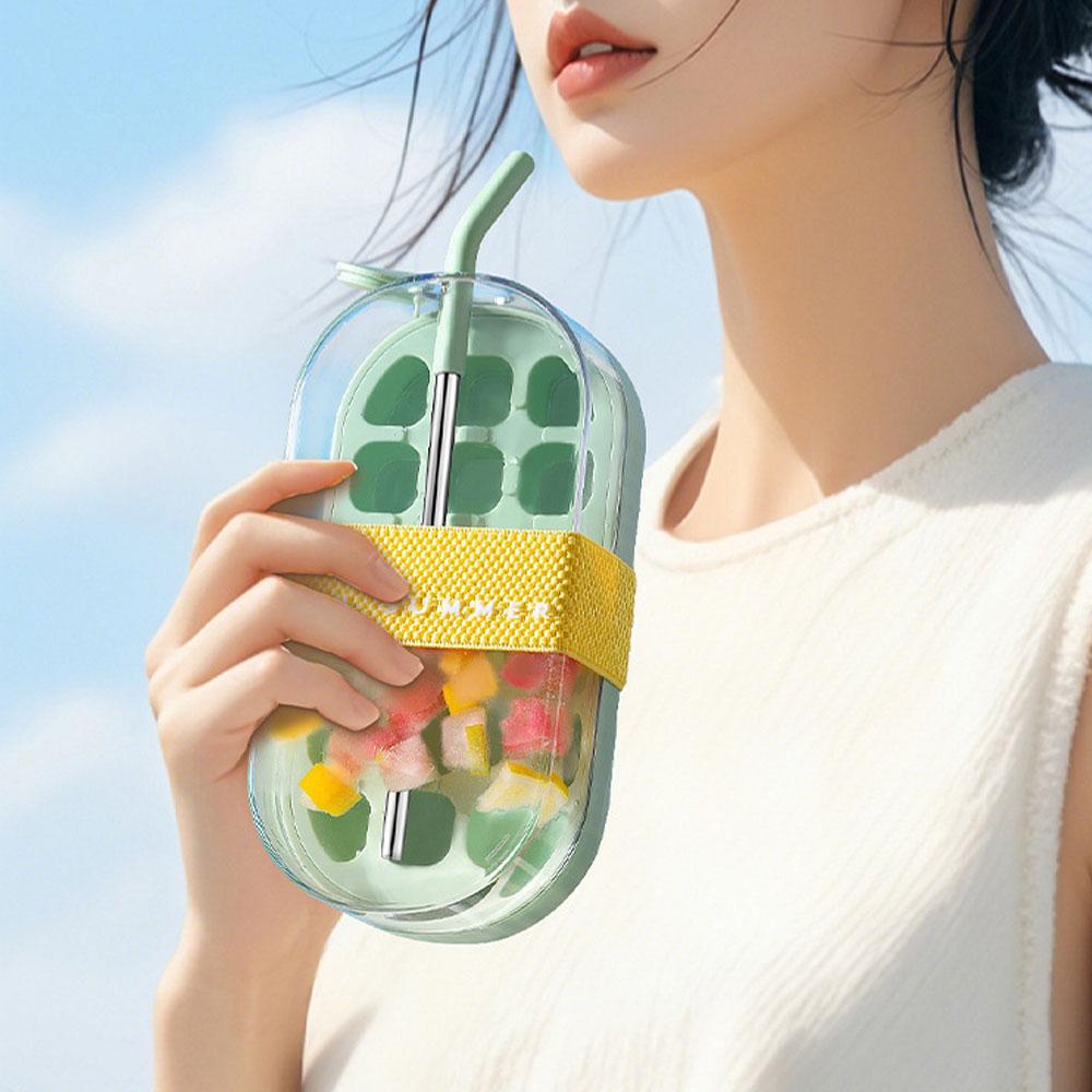 Cool Summer Ice Bottle Cup, 2-in-1 Ice Maker with Straw, No Spill Water Bottle for Ice Cubes, Portable Travel Beverage Container