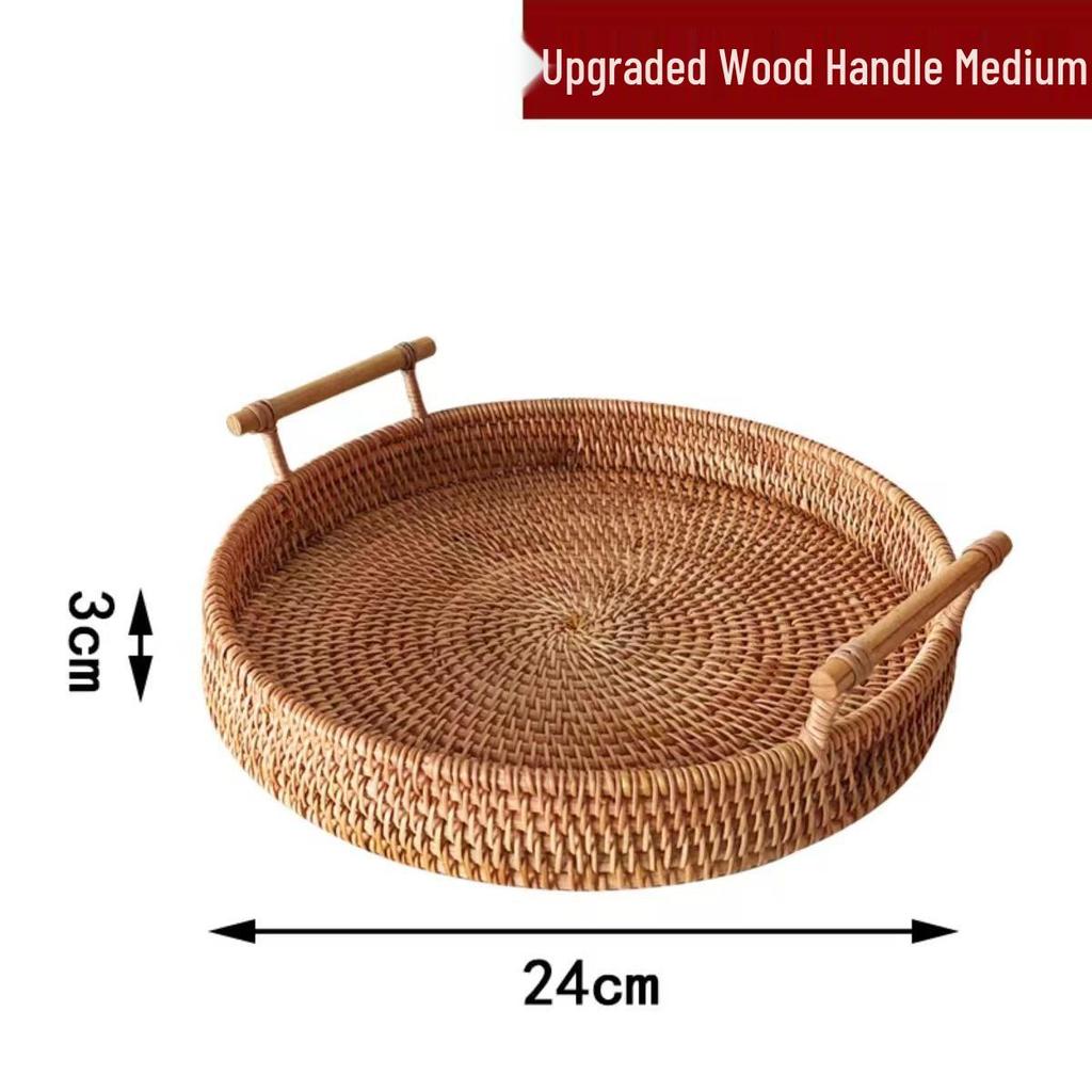 Vietnamese Rattan Handwoven Multi-Functional Storage Basket with Handles and Round Tray Design