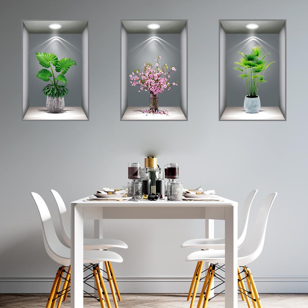 Wei Mo Xiang Green Plant Three-Panel Self-Adhesive Decorative Wall Sticker for Home & Hotel
