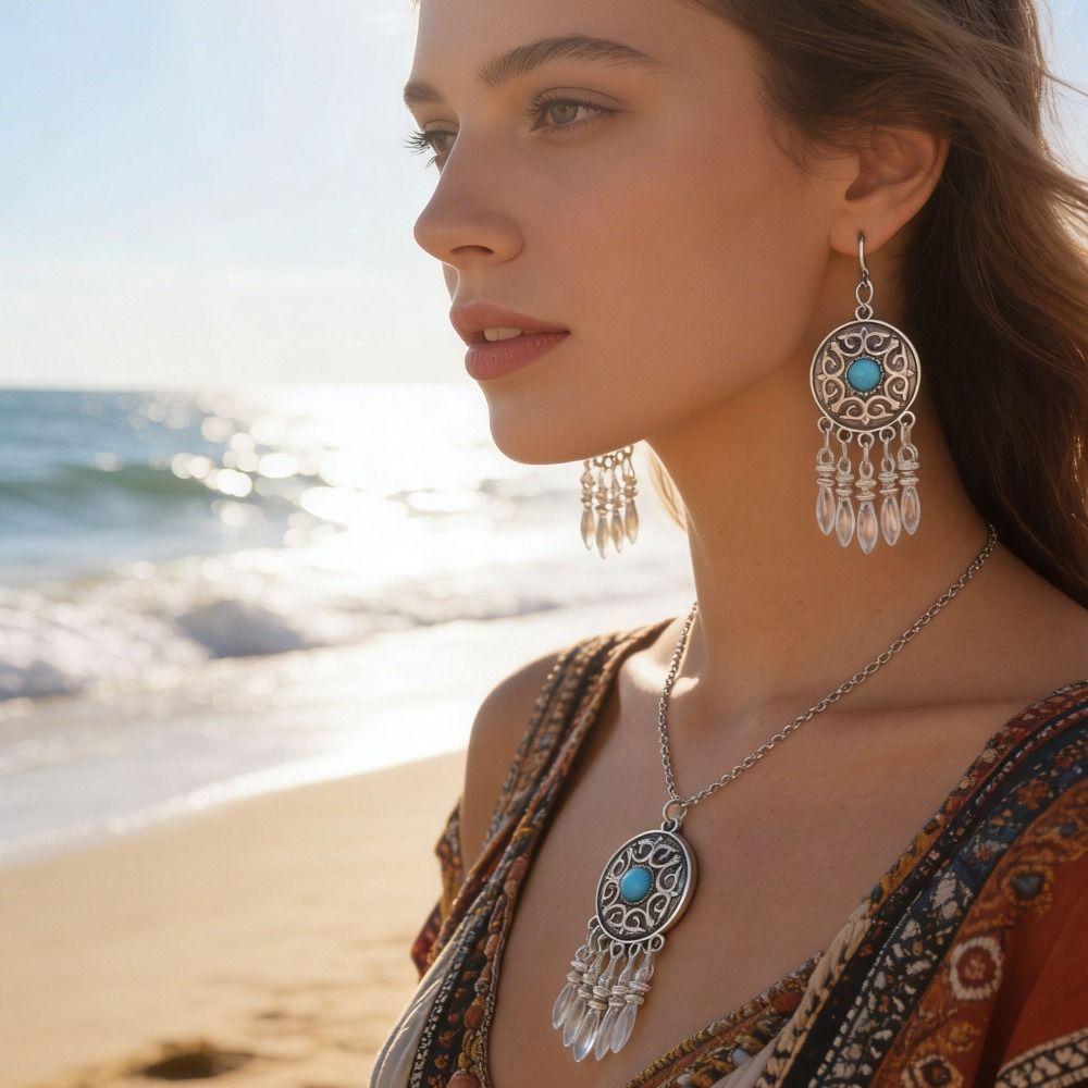 Moon Pendant Exotic Bohemian Earrings Silver Color Zinc Zinc Alloy Kazakhstan Jewelry Set Women Jewelry