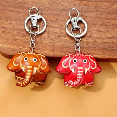 Handmade Genuine Leather Elephant Keychain Pendant - Creative Cartoon Cowhide Animal Ornament