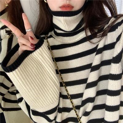 High Necked Striped Sweater for Autumn and Winter Loose Side Slit Inside Knit Sweater Long Sleeved Top for Women